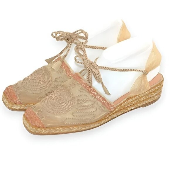 Stuart Weitzman Camel Tan Embroidered Mesh Lace Slingback Espadrilles Sandals 8 - Picture 2 of 10